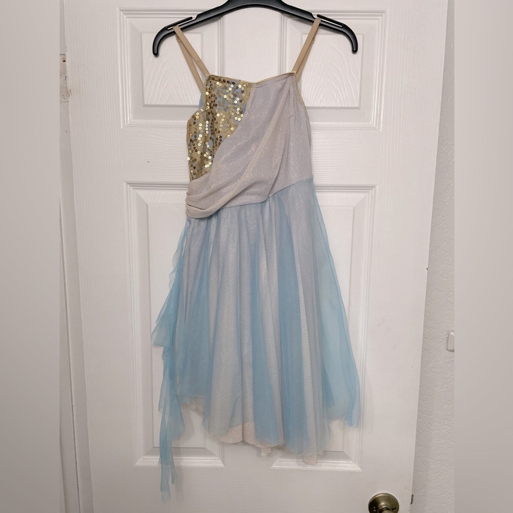 Gold, Champagne, Sky Blue Lyrical Dance Costume.